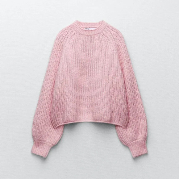 Zara Purl Knit Crop  Wool Alpaca Balloon Sleeve Knit Sweater Light Pink Sz Small - Picture 1 of 10